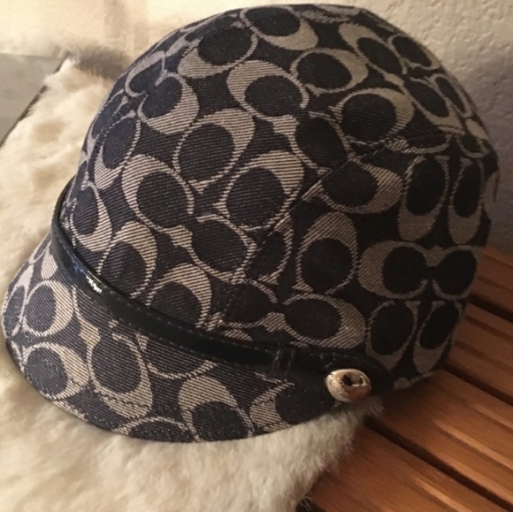 New Coach Blue Denim C Jacquard Newsboy Cap With Tan Leather Strap M/L - Picture 1 of 5